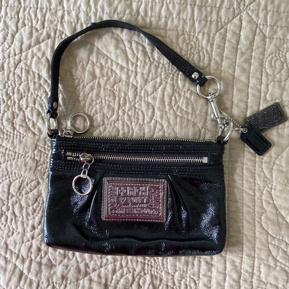Coach black patent leather small purse with cheetah print interior